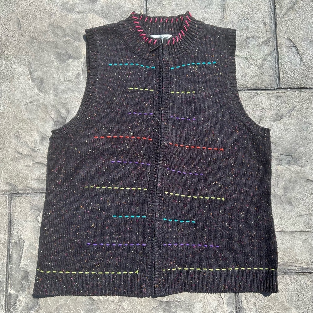 Vintage Coldwater Creek Knit Sweater Vest Black Rainbow Stitching Confetti L